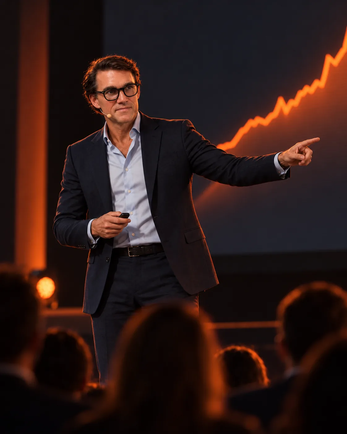 Karl Lillrud on a conference stage pointing at a rising growth chart