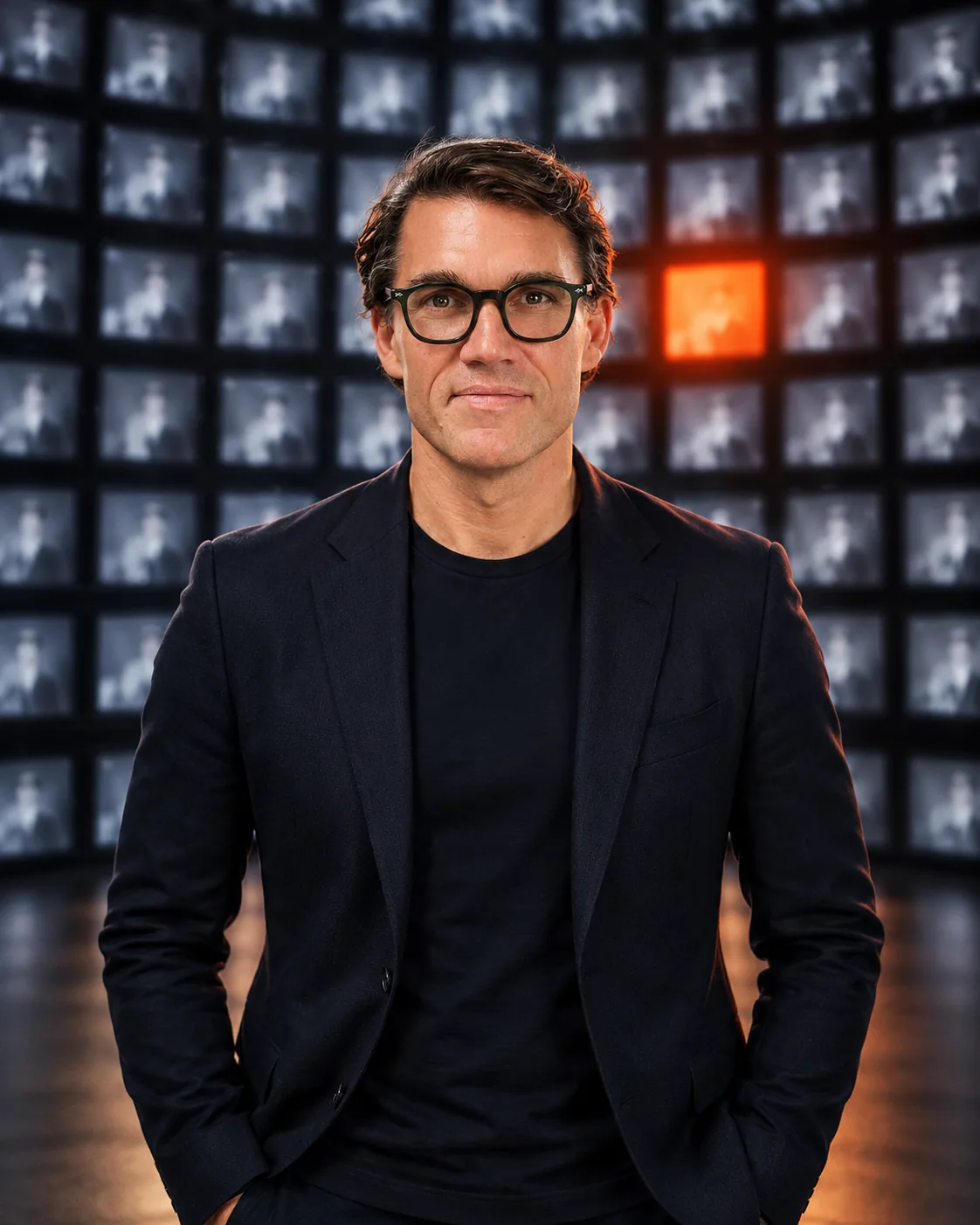 Karl Lillrud in front of a wall of identical screens with one lit in orange, the AI growth paradox