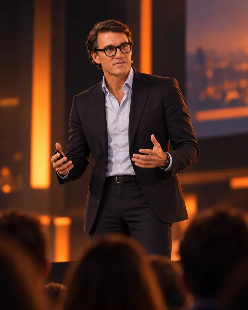 Karl Lillrud delivering an AI keynote with a headset microphone