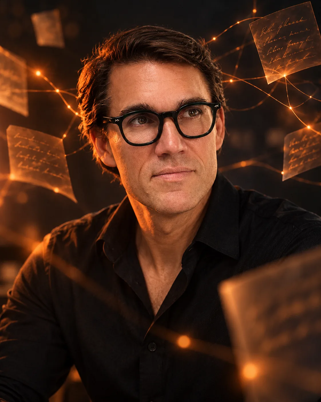 Karl Lillrud surrounded by glowing notes and neural lines, AI as your second brain