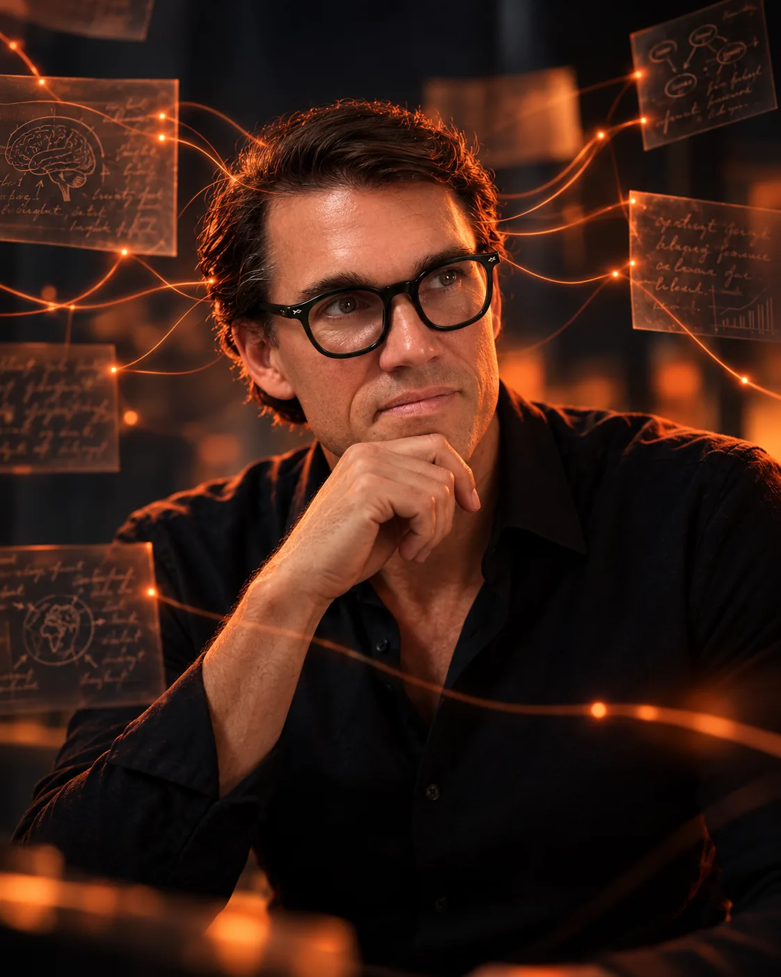 Karl Lillrud thinking through AI strategy among glowing notes