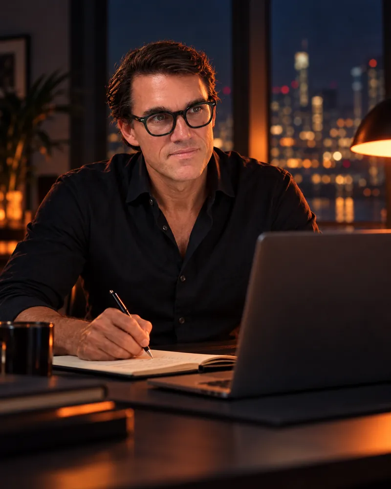 Karl Lillrud, author of nine books, writing at his desk at night