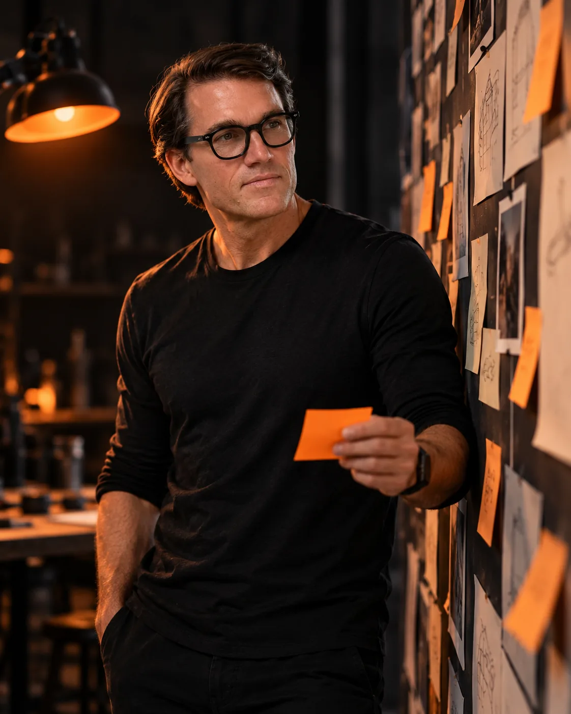 Karl Lillrud at an innovation wall of sticky notes and sketches