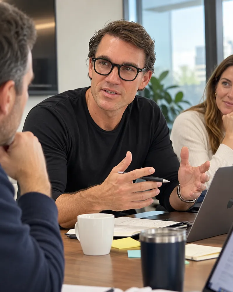 Karl Lillrud discussing AI decisions with a leadership team