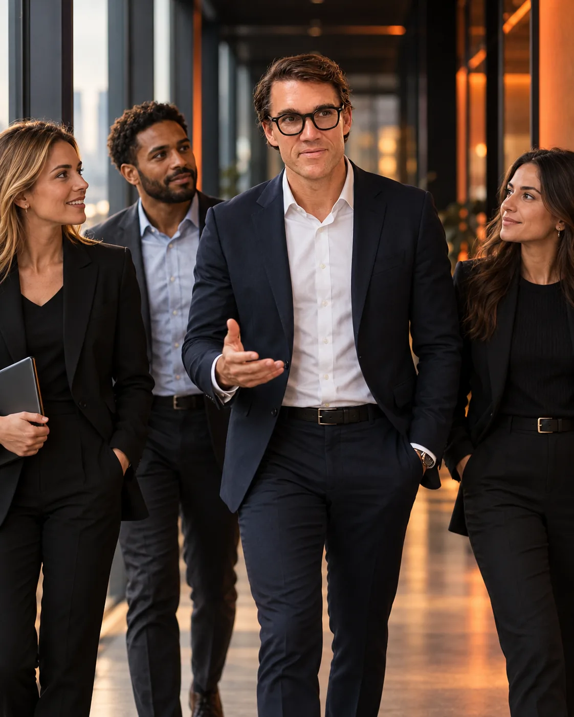 Karl Lillrud walking and talking with a leadership team in a modern office