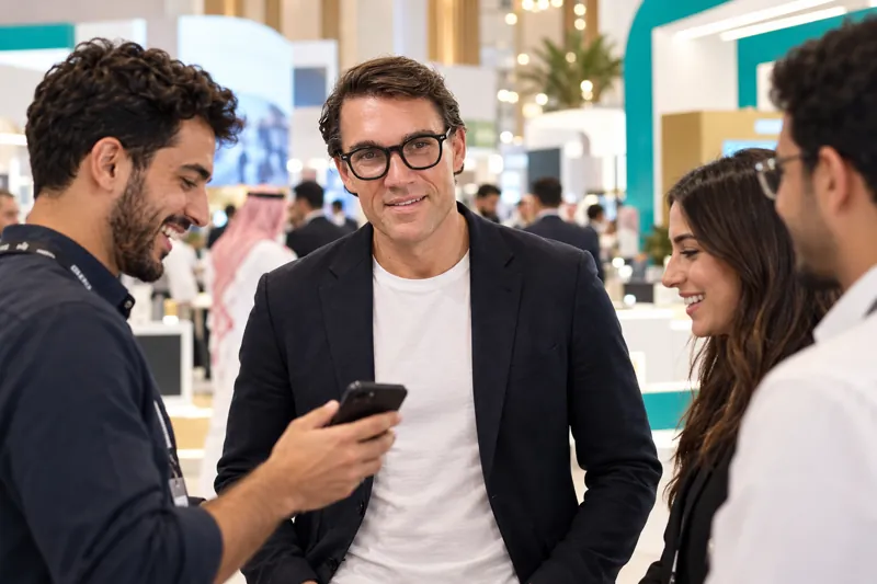 Karl Lillrud talking with attendees at an expo in the Middle East