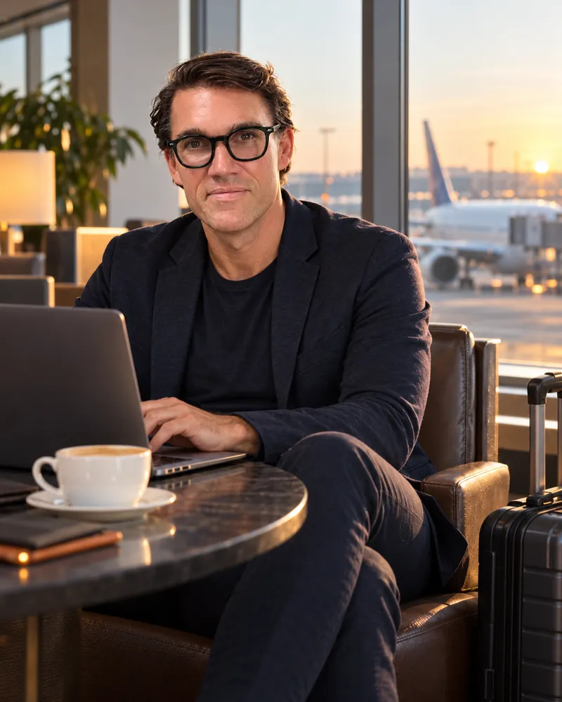 Karl Lillrud working in an airport lounge at sunset before a flight to an event