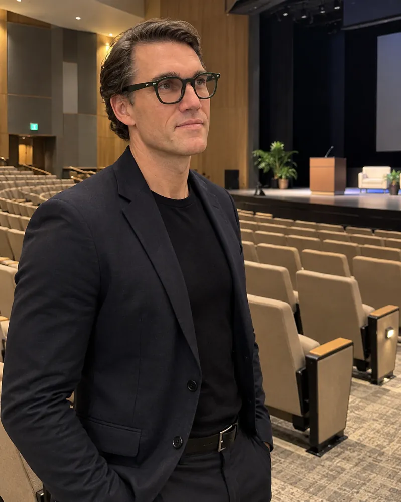 Karl Lillrud walking through an empty auditorium before a keynote